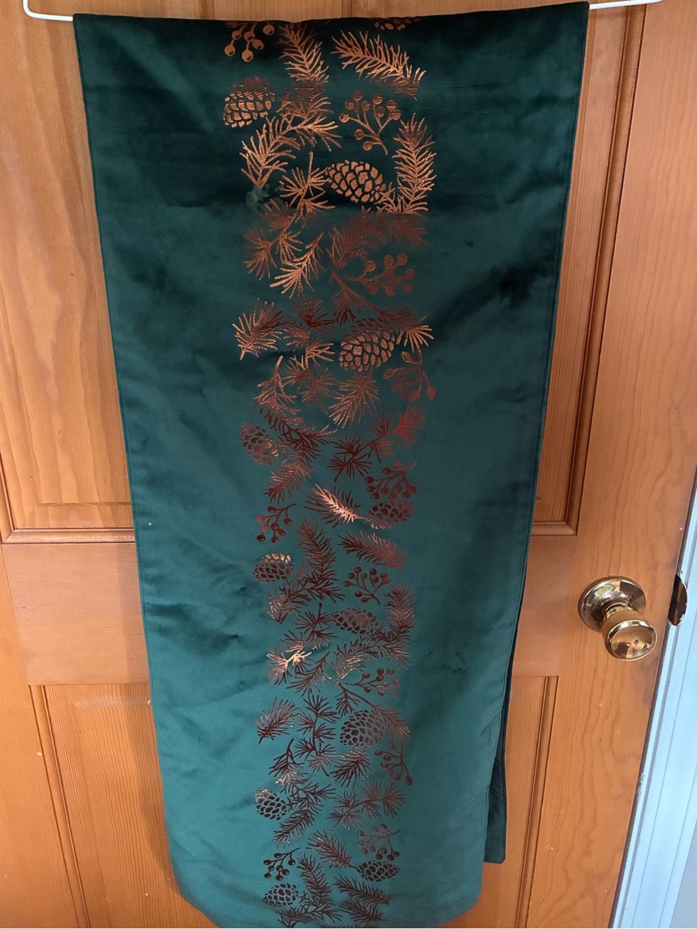 Forest Green Table Runner with Copper Pinecone Design